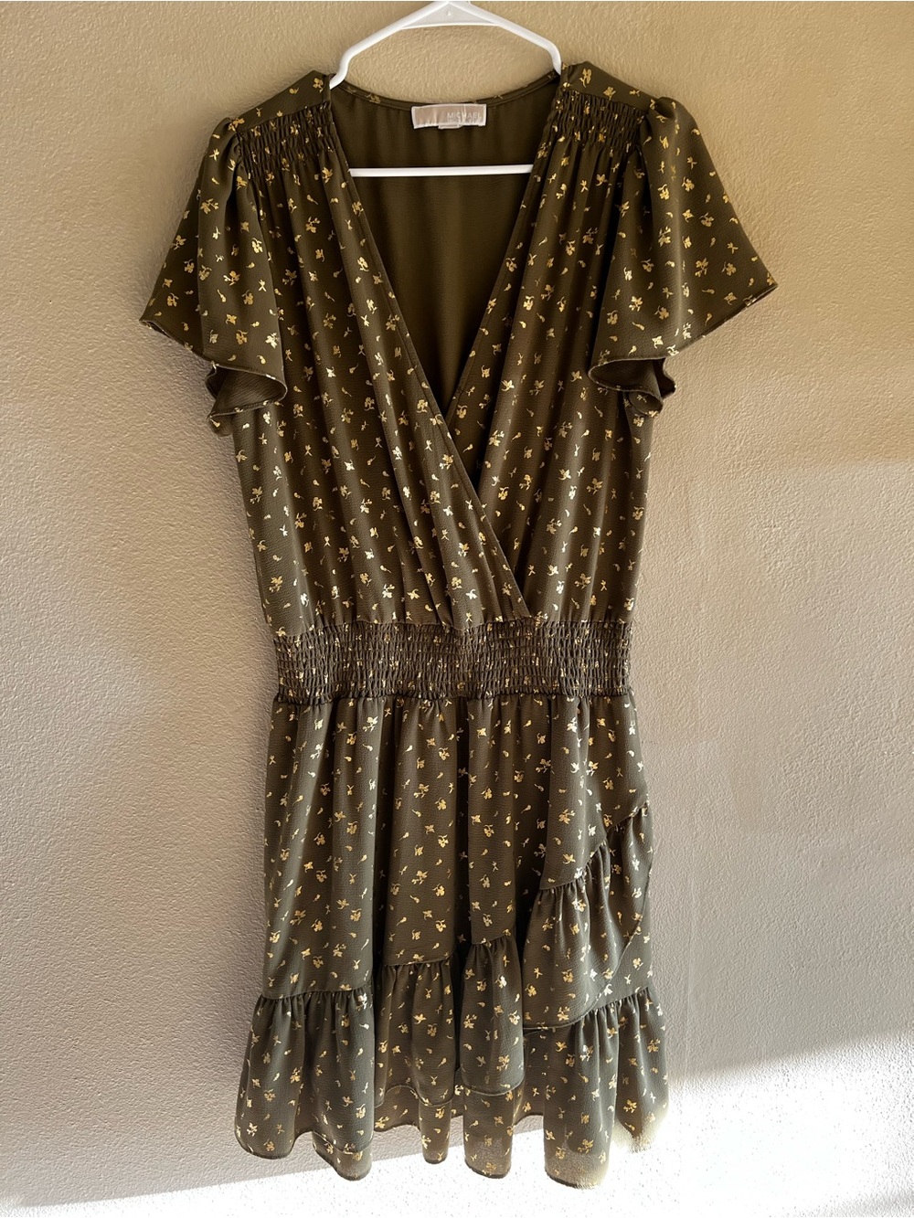 Smocked Olive Green Floral Wrap Mini Dress